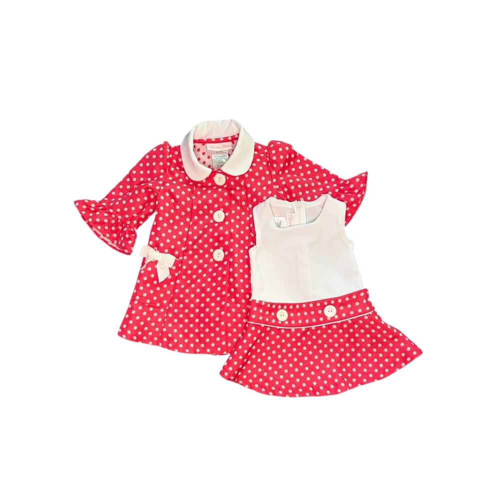 Bonnie Baby Girls Red White Polka Dot Coat Jacket Sleeveless Dress Set 6-9 Month